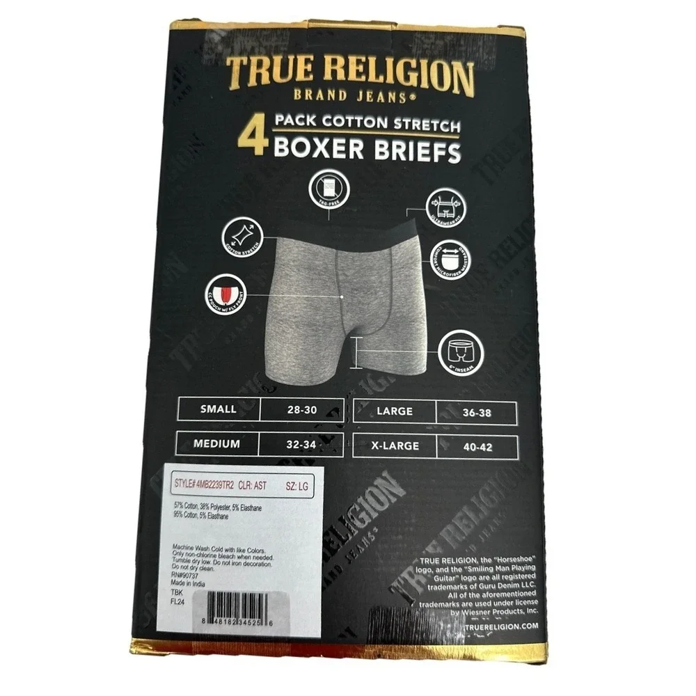 True Religion Men's 4 Pack Boxer Briefs Cotton Stretch Size Large New
